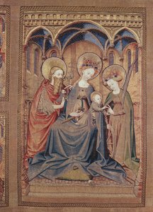 Zentrales Panel eines Altartuchs Die mystische Hochzeit der heiligen Katharina, Teil der Messgewänder des Ordens vom Goldenen Vlies, südliche Niederlande, Mitte des 15. Jahrhunderts