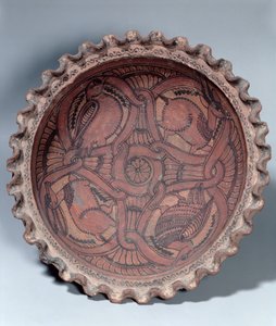 Koptischer Becher, bemalte Terrakotta mit Girlandenrändern, ägyptisch, 7. Jahrhundert n. Chr.