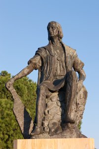 Statue von Christoph Kolumbus im Kloster La Rabida, Provinz Huelva, Andalusien, Südspanien