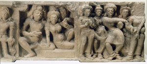 Steinschnitzerei von Liebenden, die eine Tanzaufführung genießen, aus dem Dasavatara-Tempel, Deogarh, MP, 5. Jahrhundert