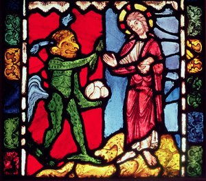 Fenster aus der Kathedrale von Troyes, das die Versuchung Christi in der Wüste zeigt, um 1225