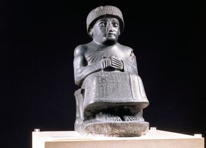 Gudea, Prinz von Lagash, Statue gewidmet Ningizzada, Neusumerisch, aus Telloh, antikes Girsu, ca. 2130 v. Chr.