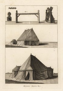 Militärzelte des 18. Jahrhunderts: Pferd oder Gestell zur Unterstützung von Feuerwaffen 1,2,3, Musketen auf dem Gestell 4, Labortelte der Artillerie 5, Zelt des Feldoffiziers oder Marquis 6
