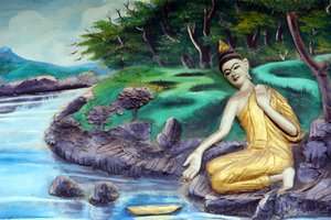Wat Inpeng buddhistischer Tempel. Gemälde, das die Lebensgeschichte von Shakyamuni Buddha darstellt. Baden im Fluss von Unbekannt