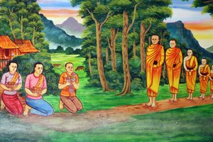 20151029, Vientiane, Laos: Wat Si Muang (Simuong) buddhistischer Tempel. Gemälde, das die Lebensgeschichte von Shakyamuni Buddha darstellt
