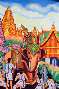 20151029, Vientiane, Laos: Wat Si Muang (Simuong) buddhistischer Tempel. Gemälde, das die Lebensgeschichte von Shakyamuni Buddha darstellt