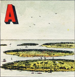 A: Archipel. Es ist eine Gruppe von Inseln in einem Meer - Gravur aus Alphabet geographique. Guerin-Muller et Cie, Verleger, Paris