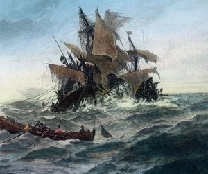Ein dänisches Schiff, das der Stadt Stralsund Hilfe bringen will, erleidet Schiffbruch