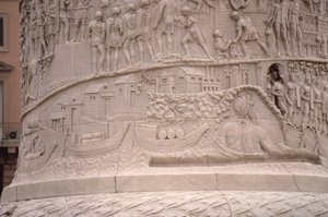 Ein römischer Hafen und der Bau eines römischen Lagers, von der Trajanssäule, 2. Jahrhundert n. Chr. (Detail)