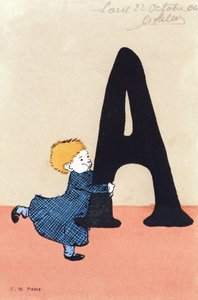 A wie attraper - Kinderalphabet. C. M. Verleger, Paris. Handbemalte Postkarten, abgestempelt 1904
