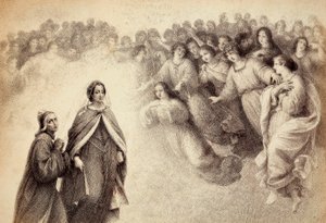 Eine Schar von Schatten nähert sich Dante und Beatrice. Illustration von Canto V in Paradiso der Göttlichen Komödie von Dante Alighieri. Werk von Francesco Scaramuzza, gewidmet der Gemeinde Florenz. von Unbekannter Künstler