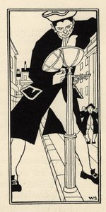 Ein Riese, vom Baron von Münchhausen von der Käseinsel in England gebracht, zündet die Straßenlaternen ohne Leiter an. Illustration von William Strang (1859-1921) und JB Clark aus „Die Abenteuer des Baron von Münchhausen“ von Rudolf Erich Raspe (1736-1794) von Unbekannt