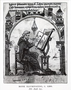 Ein Mönch, der ein Manuskript illuminiert