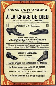 Werbung für die Schuhfabrik "A la grace de dieu" in Tours. Gravur in "ABC Les Images en Alphabet". Epinal Imaging. Pellerin und Cie, Drucker-Verleger, Epinal, Ende des 19. Jahrhunderts. von Unbekannt