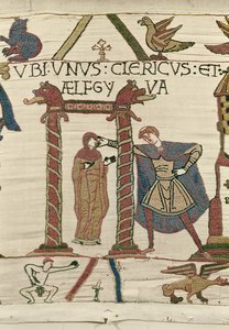 Aelfgyva mit einem Priester, Teppich von Bayeux (Wollstickerei auf Leinen)