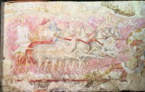 Amazonen, die einen Streitwagen fahren, Detail von der Seite des Sarkophags der Amazonen, Tarquinia, 4. Jahrhundert v. Chr.
