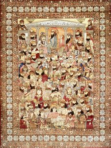 Ein antiker Kirman Masha"ir Teppich, die versammelten Reihen persischer Könige von Gayumars bis zu den Sassaniden darstellend