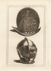 Antiker venezianischer Morionhelm verziert mit militärischen Trophäen und ein Burgonethelm mit einheitlichem Visier und Kinnschutz aus dem Tower of London von Unbekannt