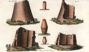 Alte Wikingerdenkmäler aus einer deutschen Provinz nahe Skandinavien und einige Urnen aus dänischen und schwedischen Gräbern. Handkolorierter Kupferstich von Giarre und Stanghi aus Giulio Ferrario