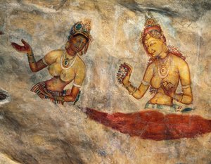 Apsaras, himmlische Nymphen, die Blumen anbieten, Fresko, befestigte Zitadelle von Sigiriya (UNESCO-Welterbeliste)