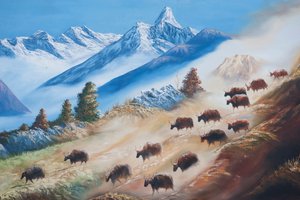 Kunst; Gemälde einer Yak-Herde unter dem Ama Dablam Berg; Landleben; Galerie in Kathmandu; Nepal; Asien von Unbekannt