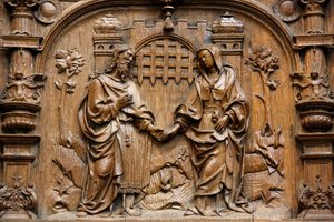 Basilika von St. Denis, Chorgestühl der Goillon-Kapelle (Anfang des 16. Jahrhunderts), Darstellung der Hochzeit von Maria und Joseph, Saint-Denis, Frankreich
