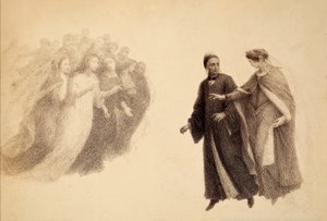 Beatrice zeigt Dante eine Gruppe von Seelen im Firmament des Paradieses. Illustration des Canto III von Paradiso aus der Göttlichen Komödie von Dante Alighieri. Werk von Francesco Scaramuzza, gewidmet der Gemeinde Florenz. von Unbekannter Künstler