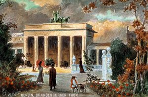 Berlin - Brandenburger Tor. Ansicht des Brandenburger Tors, mit Blumen und Passanten, Ende 19./20. Jahrhundert von Unbekannter Künstler