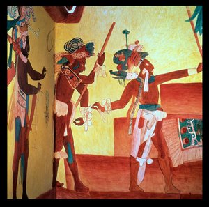 Bonampak-Herrscher in Federkostümen tanzen nach einem militärischen Sieg, Maya ca. 800