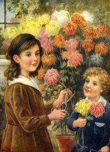 Junge und Mädchen schneiden Blumen im Garten vor ihrem Haus von Unbekannter Künstler