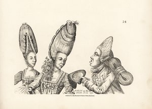 Karikatur der Mode des späten 18. Jahrhunderts: Frauen mit hohen Perücken und einem Garten aus Blumen im Dekolleté, und ein Dandy mit einer hohen Perücke und einer extravaganten Haarmasse, die am Rücken gebunden ist. Kupferstich nach einer satirischen Illu von Unbekannter Künstler