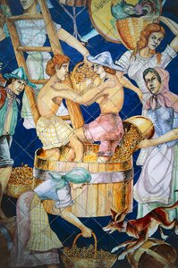Keramikfliesenpaneel, das die Ernte darstellt, Vietri sul Mare, Kampanien, Italien, Detail