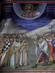 Christus in Herrlichkeit, der die weltlichen und geistlichen Kräfte kontrolliert, byzantinisches Fresko aus dem Kloster Agios Ioannis Lampadistis, Heiliger Johannes Lampadistis, 11. Jahrhundert, Zypern, bemalte Kirchen, UNESCO-Stätte, Troodos, Zypern