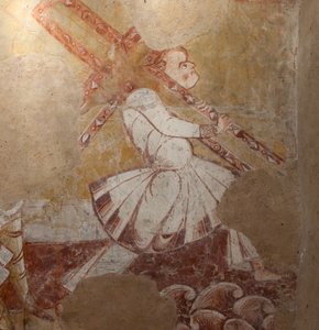 Kirche (Église Saint-Martin). Innenraum. Wandmalereien (Fresko). Nordwand des Chors. (Detail) Simon von Kyrene trägt das Kreuz. 12. Jahrhundert. von Unbekannt