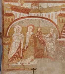 Kirche (Église Saint-Martin). Innenraum. Wandmalereien (Fresko). Westwand des Kirchenschiffs. (Detail) Darstellung im Tempel. 12. Jahrhundert.