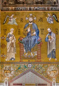 Gegenfassade: Mosaik "Majestät Christi auf dem Thron zwischen den Heiligen Petrus und Paulus", XII Jahrhundert, Die Palatinkapelle, Der Königspalast oder Palazzo dei Normanni, Palermo, Sizilien, Italien von Unbekannter Künstler