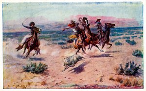Cowboys auf Pferden fangen einen Wolf mit dem Lasso
