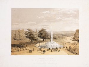 Kristallpalast, nach der Großen Ausstellung Der Brunnen und Park von den Terrassenstufen des Kristallpalastes, ca. 1855