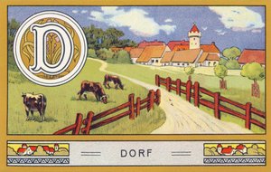 D: Dorf - Alphabet Palmin. Serie von Chromolithographien herausgegeben von H. Schlinck & Cie, Hamburg. Werbung für Palmin feinstes Kokosfett. von William M. Timlin