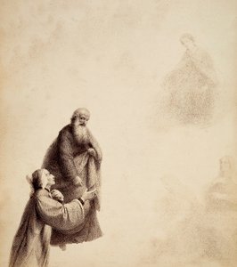 Dante, unterstützt von St. Bernhard, sieht Beatrice auf einem Thron unter den Seligen in einem Lichtschein sitzen. Illustration von Canto XXXI in Paradiso der Göttlichen Komödie von Dante Alighieri. Werk von Francesco Scaramuzza, gewidmet der Gemeinde Flor von Unbekannter Künstler