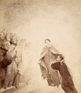 Dante hält sich die Ohren zu, überwältigt von den Schreien des Zorns der Geister entlang der Leiter. Illustration von Canto XVI in Paradiso der Göttlichen Komödie von Dante Alighieri. Werk von Francesco Scaramuzza, gewidmet der Gemeinde Florenz. von Unbekannter Künstler
