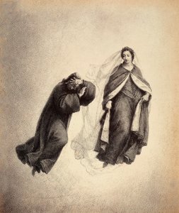 Dante bedeckt sein Gesicht mit den Händen, überwältigt von Beatrices Blick, so voller göttlicher Liebe. Illustration des Canto IV des Paradiso der Göttlichen Komödie von Dante Alighieri. Werk von Franceso Scaramuzza, gewidmet der Gemeinde Florenz. von Unbekannter Künstler