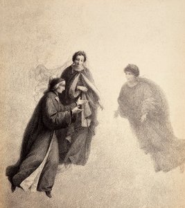 Dante, von Beatrice gedrängt, spricht mit einem frommen Geist. Illustration von Canto V in Paradiso der Göttlichen Komödie von Dante Alighieri. Werk von Francesco Scaramuzza, gewidmet der Gemeinde Florenz. von Unbekannter Künstler