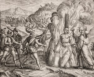 Beschreibung der Verbrechen an den Indianern durch die spanischen Kolonisten - Konquistadoren verbrennen einen Indianer, der sich weigerte, zum katholischen Glauben zu konvertieren. Religiöse des Franziskanerordens (Gravur) "Narratio regionum indicarum per