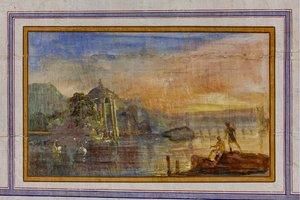 Detail der Dekoration, die eine Landschaft darstellt, Das Rote Zimmer, Das Königliche Apartment, Der Königspalast oder Palazzo dei Normanni, Palermo, Sizilien, Italien