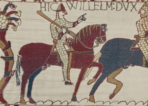 Herzog Wilhelm ermutigt seine Truppen, sich auf die Schlacht gegen die englische Armee vorzubereiten, Teppich von Bayeux (Wollstickerei auf Leinen)