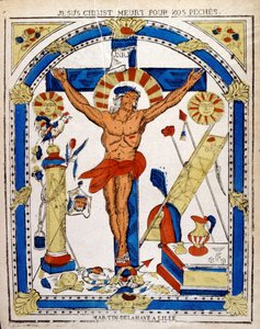 Niederländische Illustration aus dem 19. Jahrhundert, die den gekreuzigten Christus zeigt. Holzschnitt ca. 1850