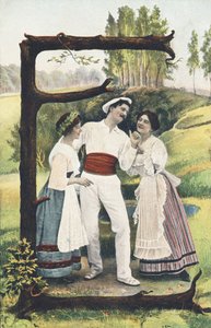 E: Ein Mann in Weiß und Rot steht zwischen zwei Frauen, die Rock, Mieder und Schürze tragen. Ländliche Umgebung - Alphabet Figuren Ref Th. E., L. Theochrom - Serie 994. Theodor Eisman, Verleger, Leipzig von Unbekannt