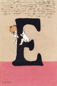 E wie enlacer, embrasser - Kinderalphabet. C. M. Verleger, Paris. Handbemalte Postkarten, abgestempelt 1904