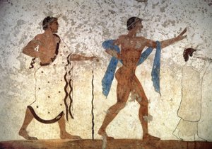 Ephebos-Jugend, gefolgt von einem Musiker und einem Zeremonienmeister, aus dem Grab des Tauchers, 480 v. Chr. (Wandmalerei)